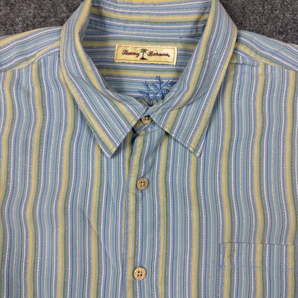 Tommy Bahama Mens XXL 100% Silk Striped Short Sleeve Button Down Shirt Blue